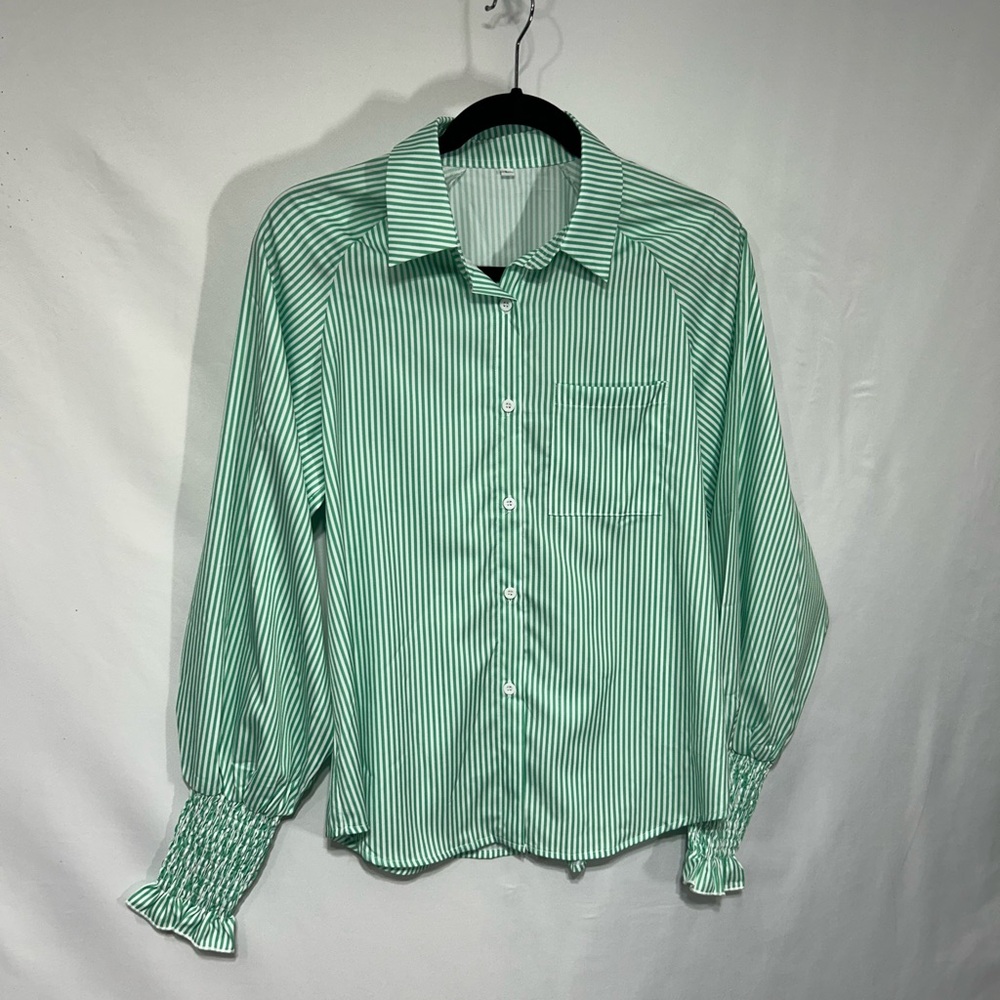 Mint Green Striped Blouse with Button-Up Front and scrunch wrist detail.
